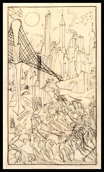 《工業之輪在紐約》素描稿，23.2 x 13.1 公分，鉛筆紙本，1932 年作。（圖片版權／Courtesy of Estate of Yun Gee）