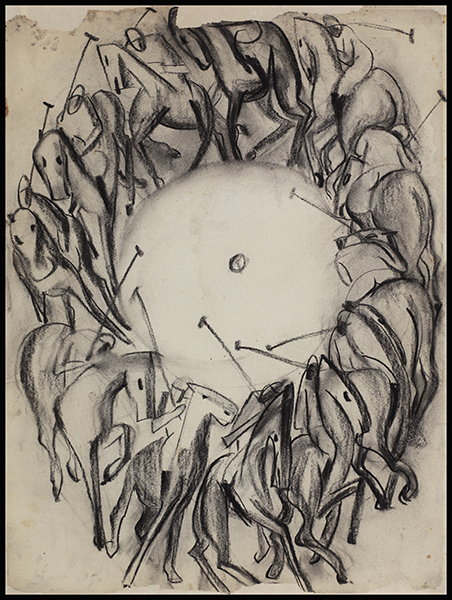《工業之輪在紐約》馬球員部份之習作，碳筆紙本，61.4 x 47.4 公分，1932年作。（圖片版權／Courtesy of Estate of Yun Gee）